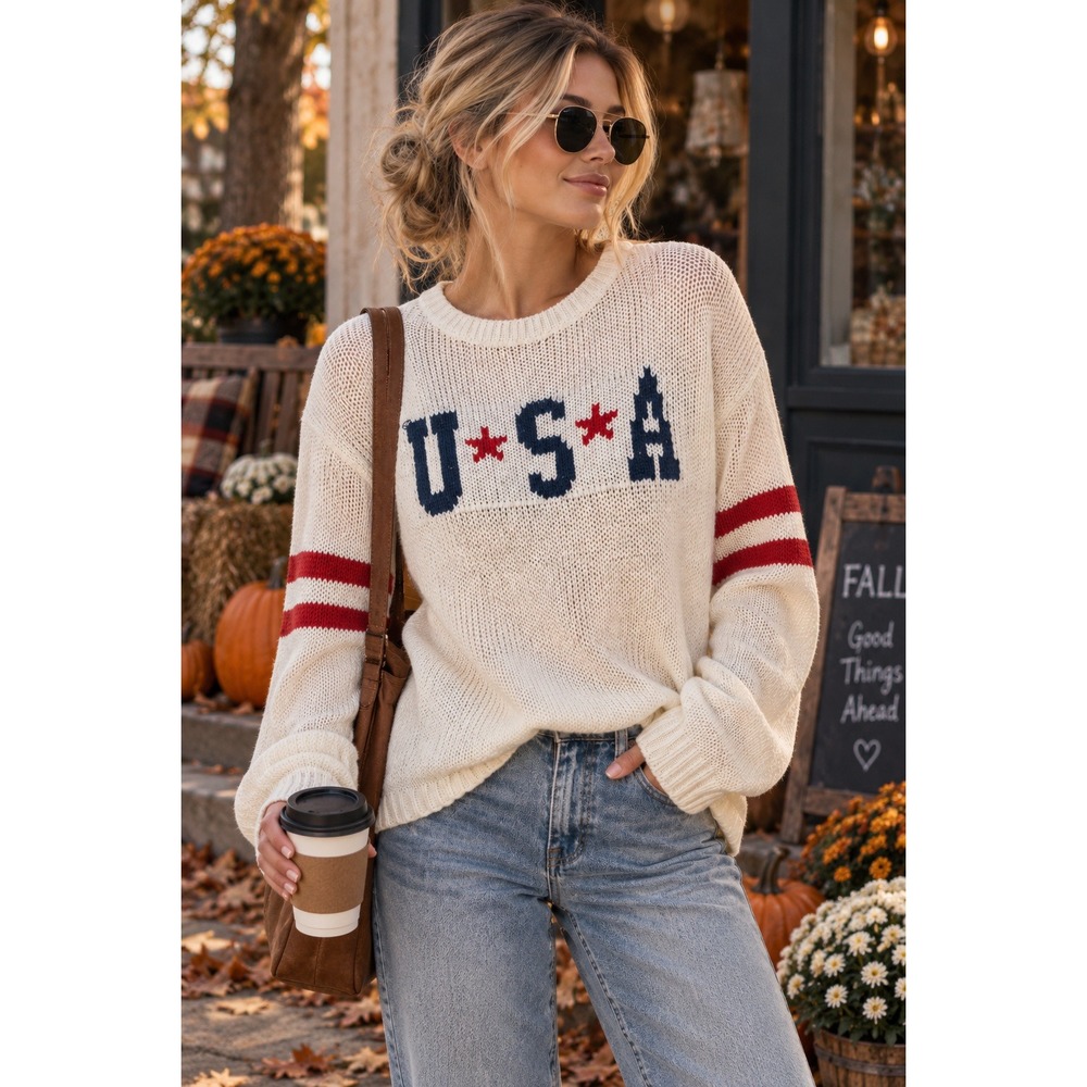 Grayson Threads USA Graphic Open Knit Sweater XL Ivory Red Blue American Coastal